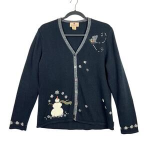 VTG WOOLRICH M SNOWMAN SNOWFLAKES BLACK Women's Christmas CARDIGAN SWEATER